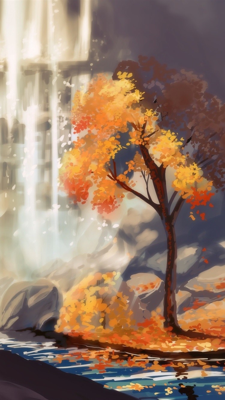 Осенний водопад акварелью