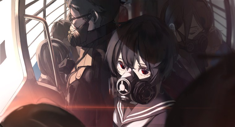 Аниме в противогазе с красными глазами