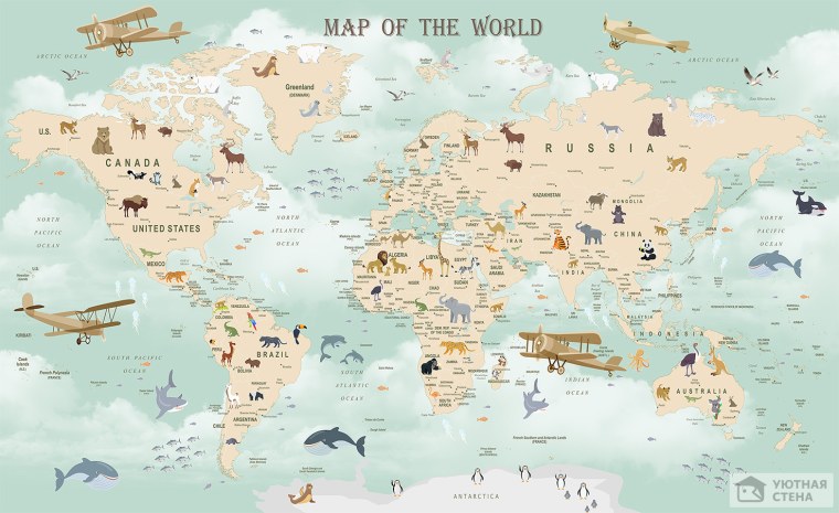 Детские фотообои карта мира с животными