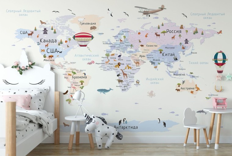Детские фотообои карта мира с животными