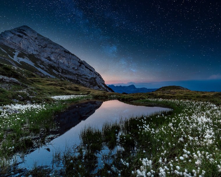 Горы, звезды, озеро, цветы