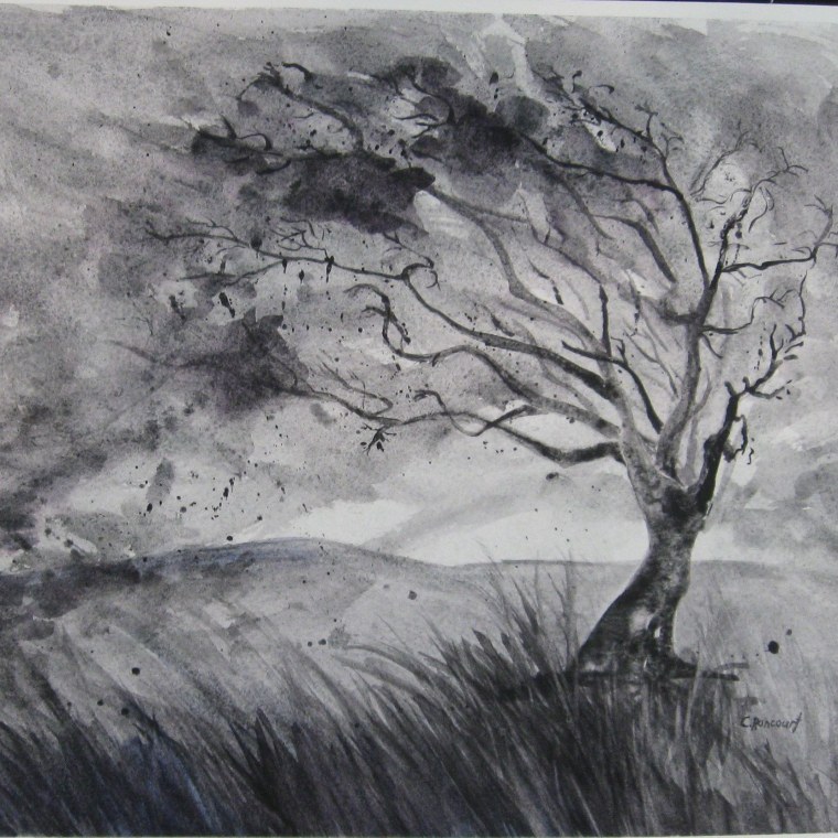 Акварель дерево черно белое