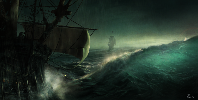 Пиратский корабль в шторм