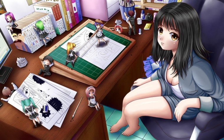 Аниме девушка за столом