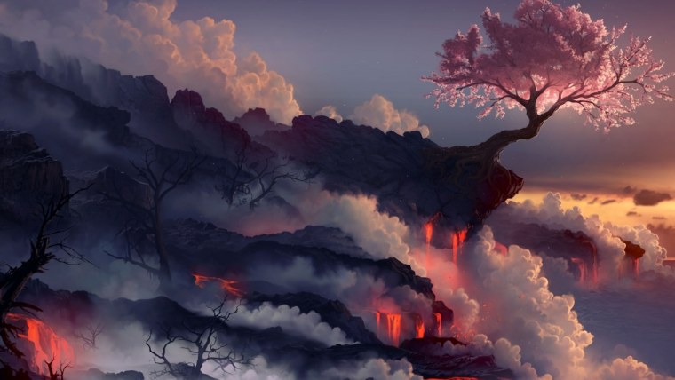 Извержение лава вулкан Сакура дерево