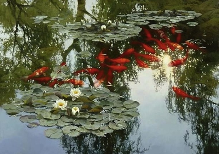 Китайский художник Tian Haibo. Водяные лилии и карпы кои.
