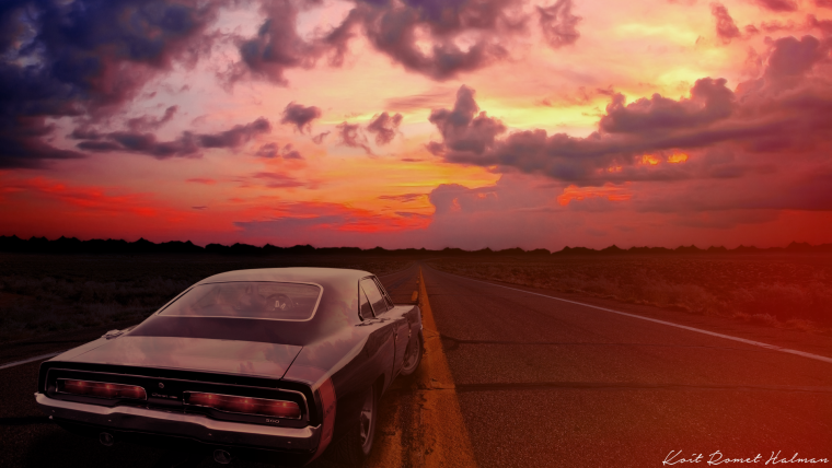 Малиновый закат с машиной