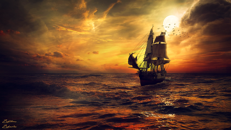 Пиратский корабль на закате