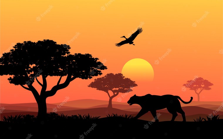 Силуэт львицы на фоне африканской природы