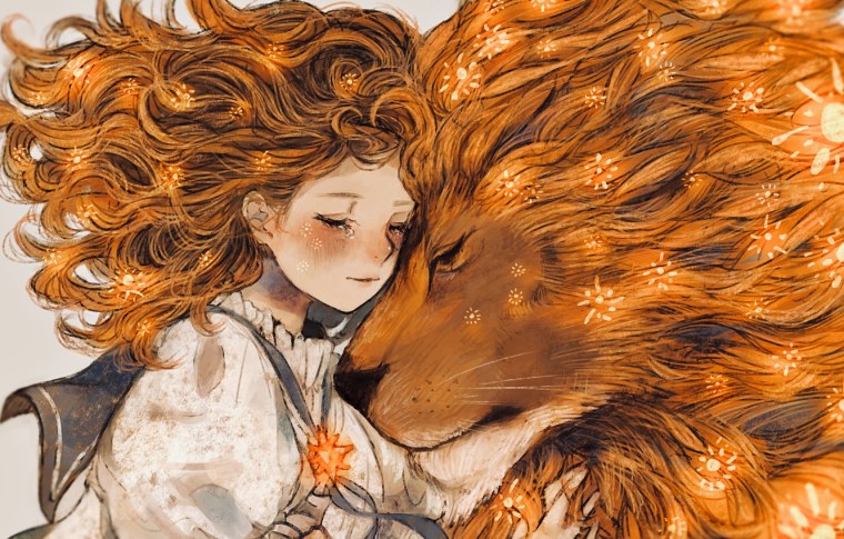 Рыжая девушка со львом