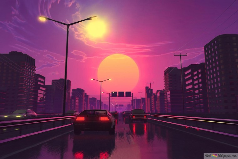Фиолетовый закат в городе