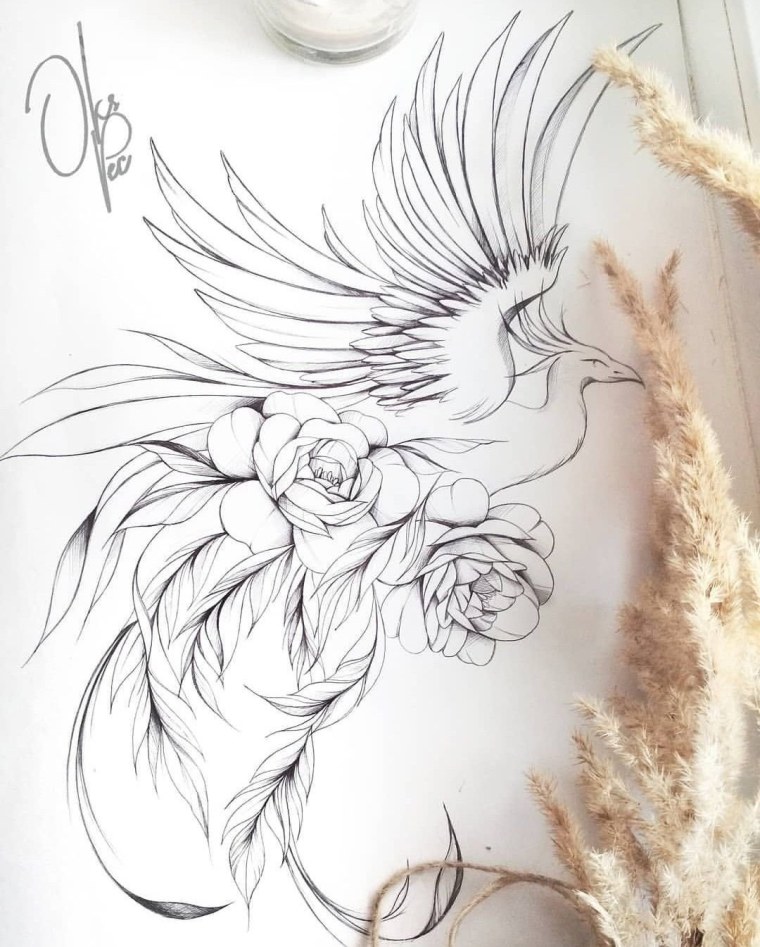 Жар птица тату черно белое