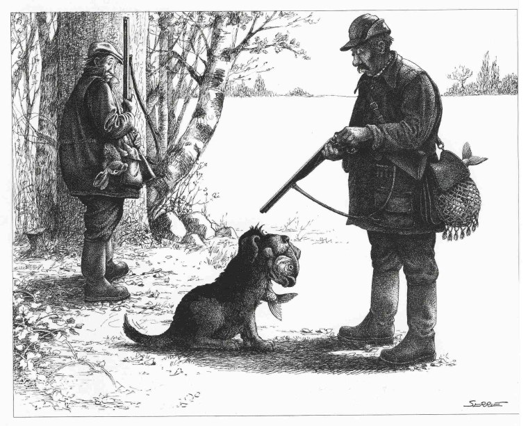 Карикатура охотник с собакой