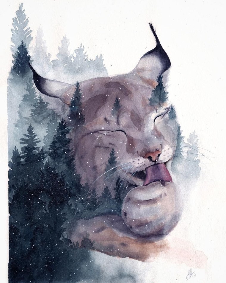 Рысь акварель