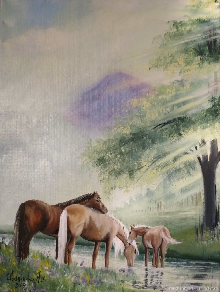 Картина лошади по воде