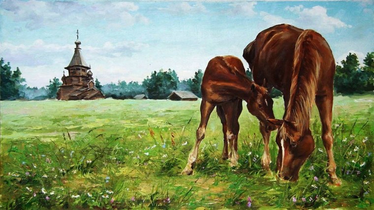 Картина кони на водопое Феофан Вакулюк