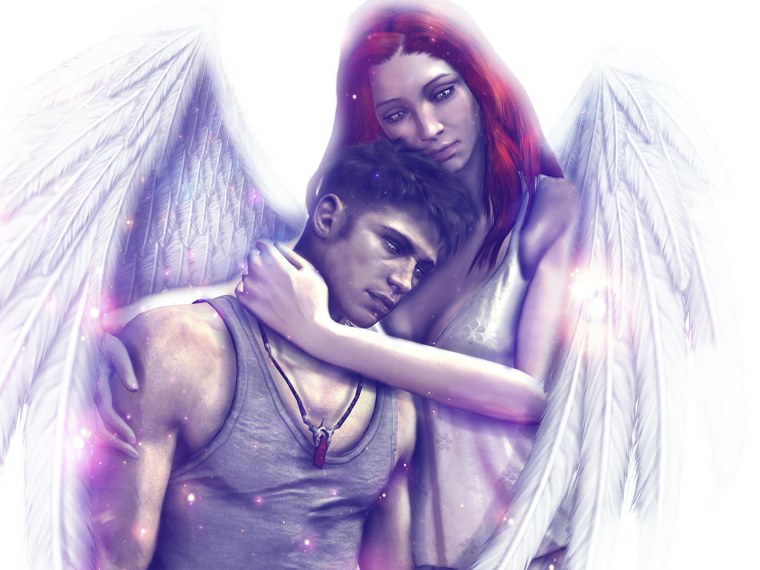 Девушка ангел обнимает парня