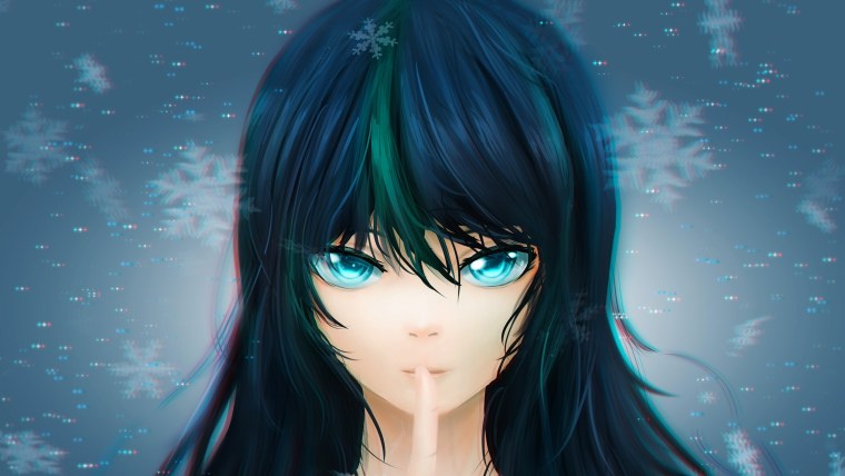 Аниме девушка с синими волосами и зелеными глазами