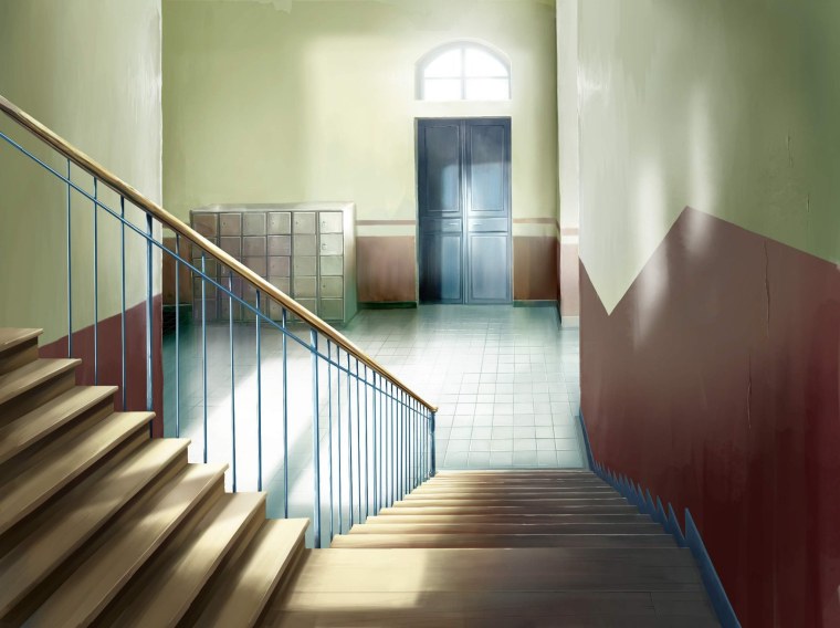 Школьный коридор с лестницей
