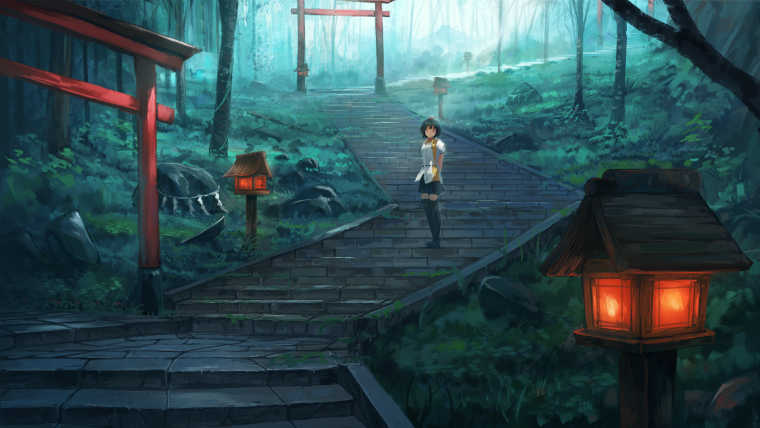 Аниме храм в лесу