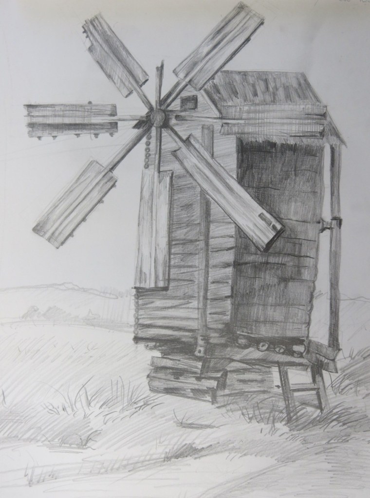 Мельница рисунок карандашом