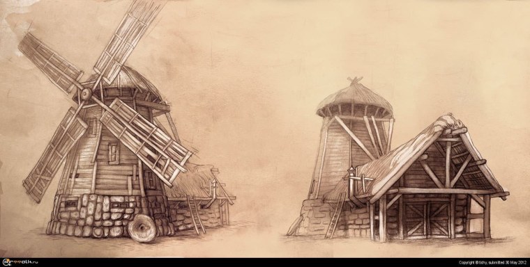 Деревянная ветряная мельница арт