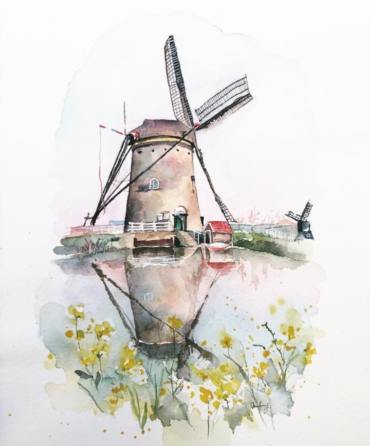 Пейзаж с мельницей акварелью