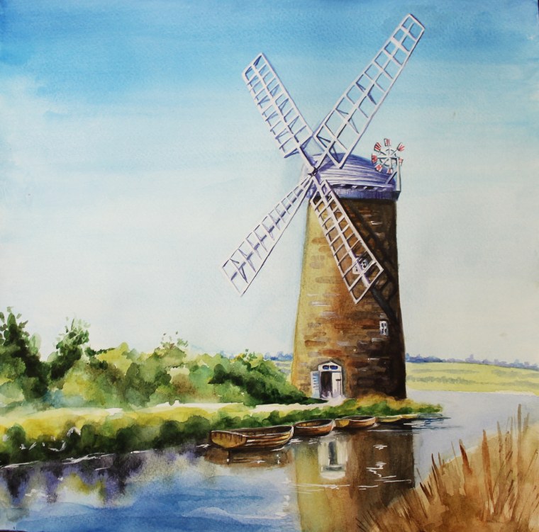Ветряная мельница акварель