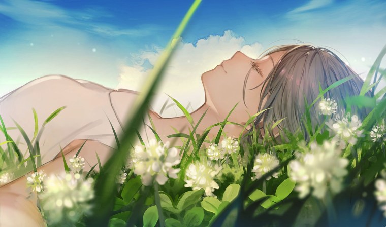 Аниме девушка на траве