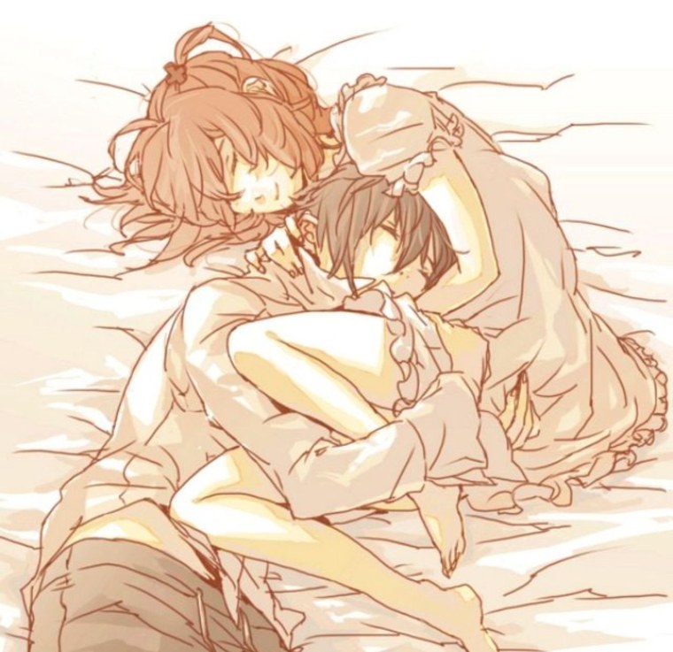 Аниме объятия в кровати