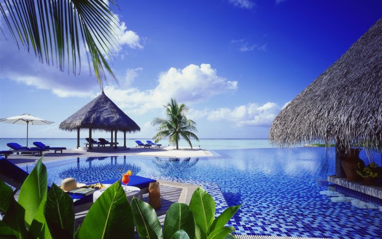 Мальдивы, океан, пальмы, бунгало