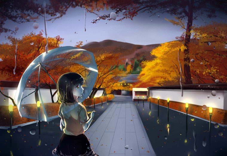 Осень дождь девушка аниме