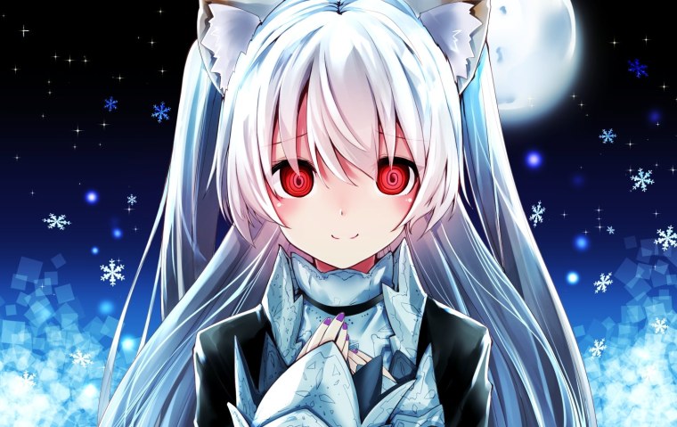 Anime girl White hair Red Eyes неко