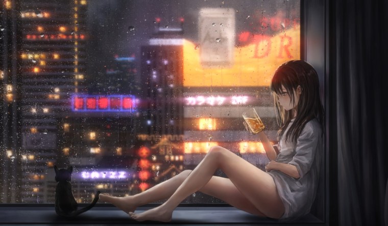 Аниме девочка сидит на подоконнике