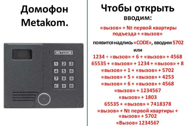 Коды для открытия домофонов без ключа Метаком