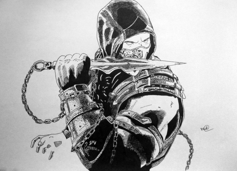 Скорпион мортал комбат черно белый