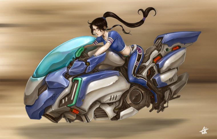 Девушка на футуристическом мотоцикле