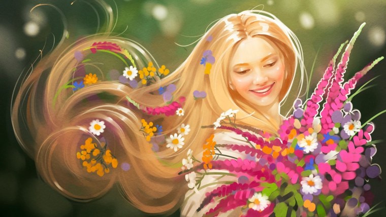 Счастливая женщина с цветами