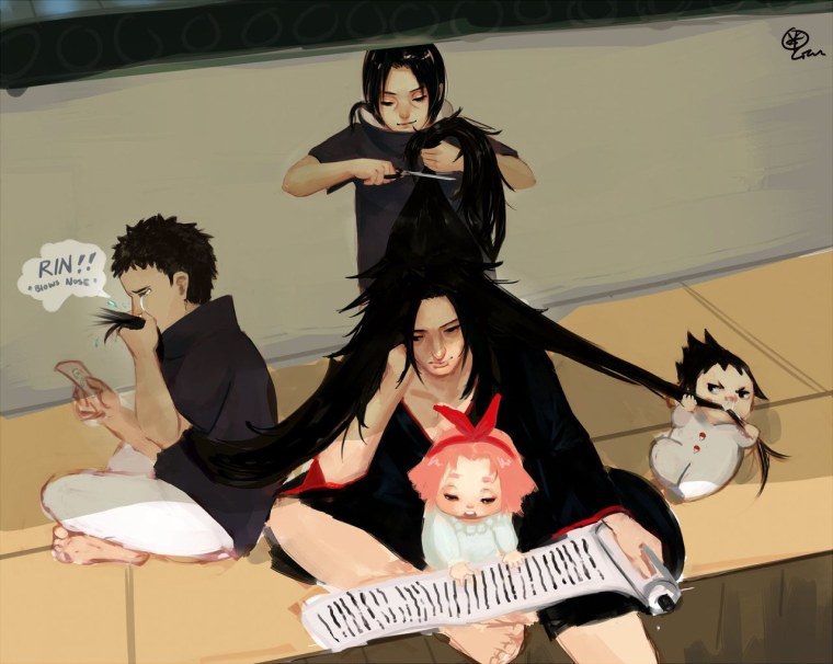 Сарада и Сакура и Саске и Итачи и Обито и Мадара