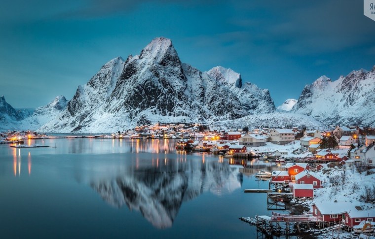 Острова фьорды зима Норвегия