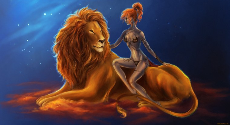 Рыжая девушка со львом