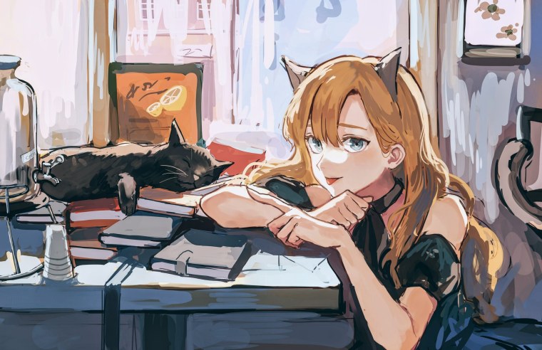 Девочка с котиком арт