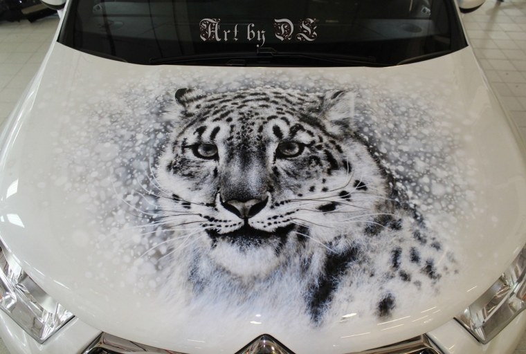 Аэрография на капоте белого авто