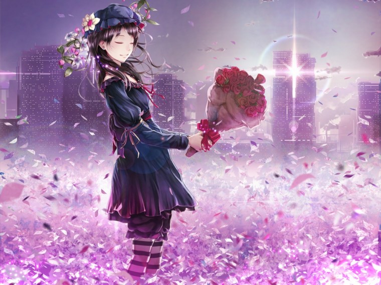 Аниме девушка с цветами