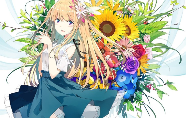 Аниме девушка с букетом
