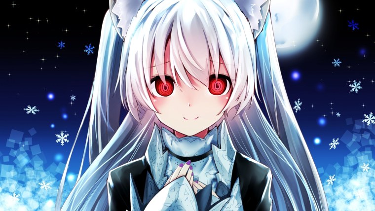 Anime girl White hair Red Eyes неко