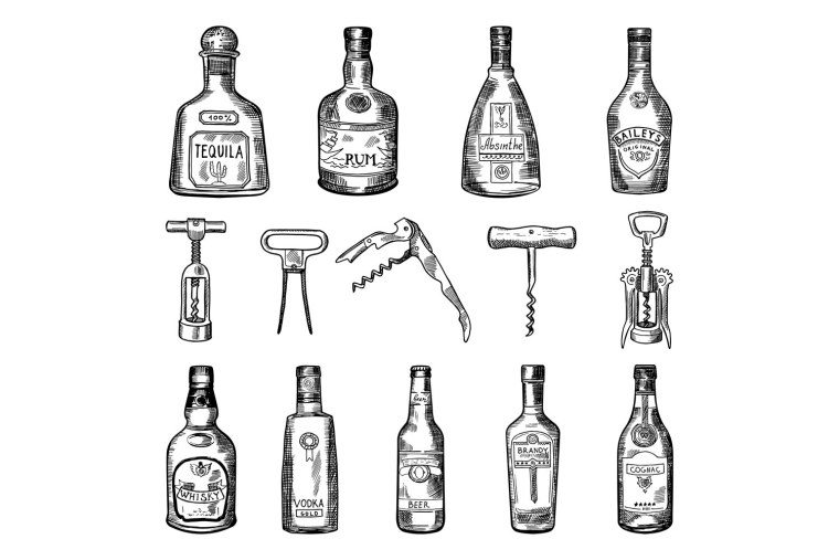 Бутылка коньяка и сигара вектор