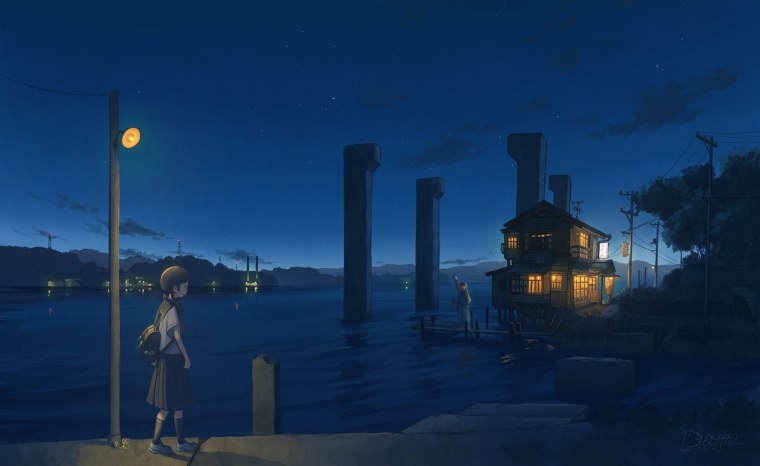 Пляж ночью аниме