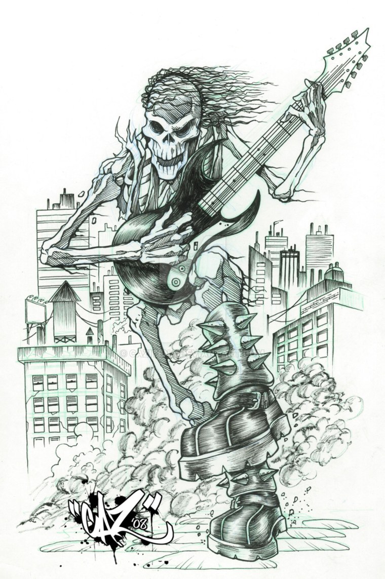 Скелет с электрогитарой тату