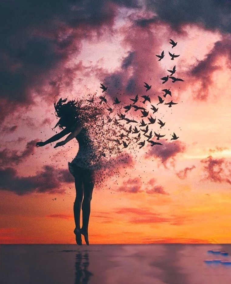 Девушка и улетающие птицы
